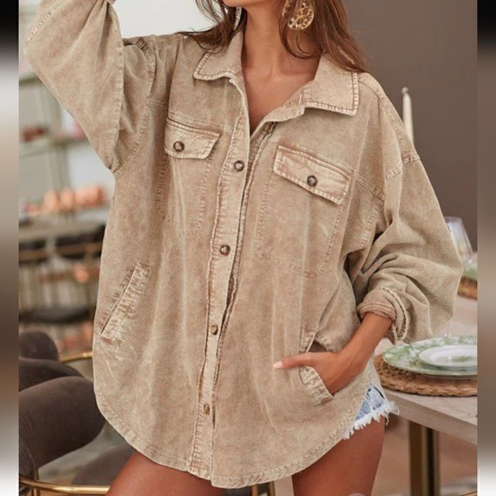 BIBI Courdoroy Button Up Shirt Jacket Distressed Tan NWT XL Pockets